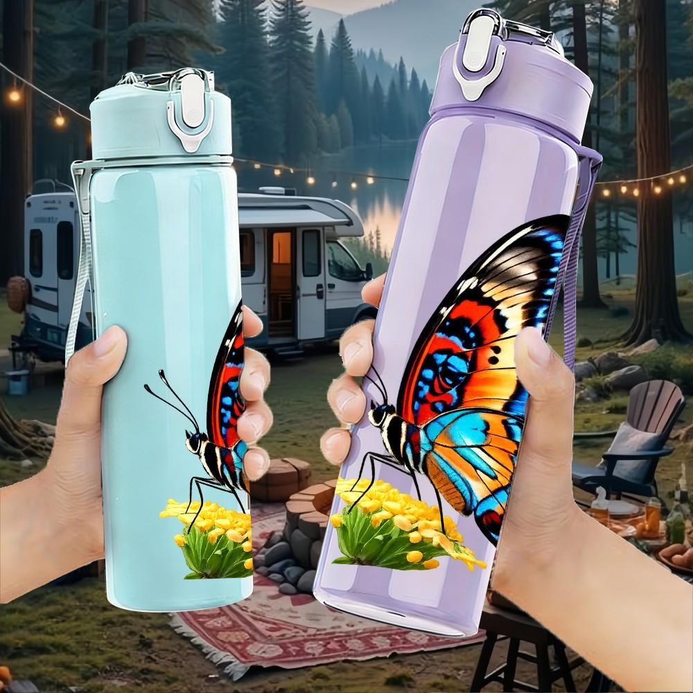 1PC Vivid Color Butterfly Pattern 750ml Color Plastic Sports Water Bottle Leakproof Flip Straw Lid Suitable for Sports Office Home Use