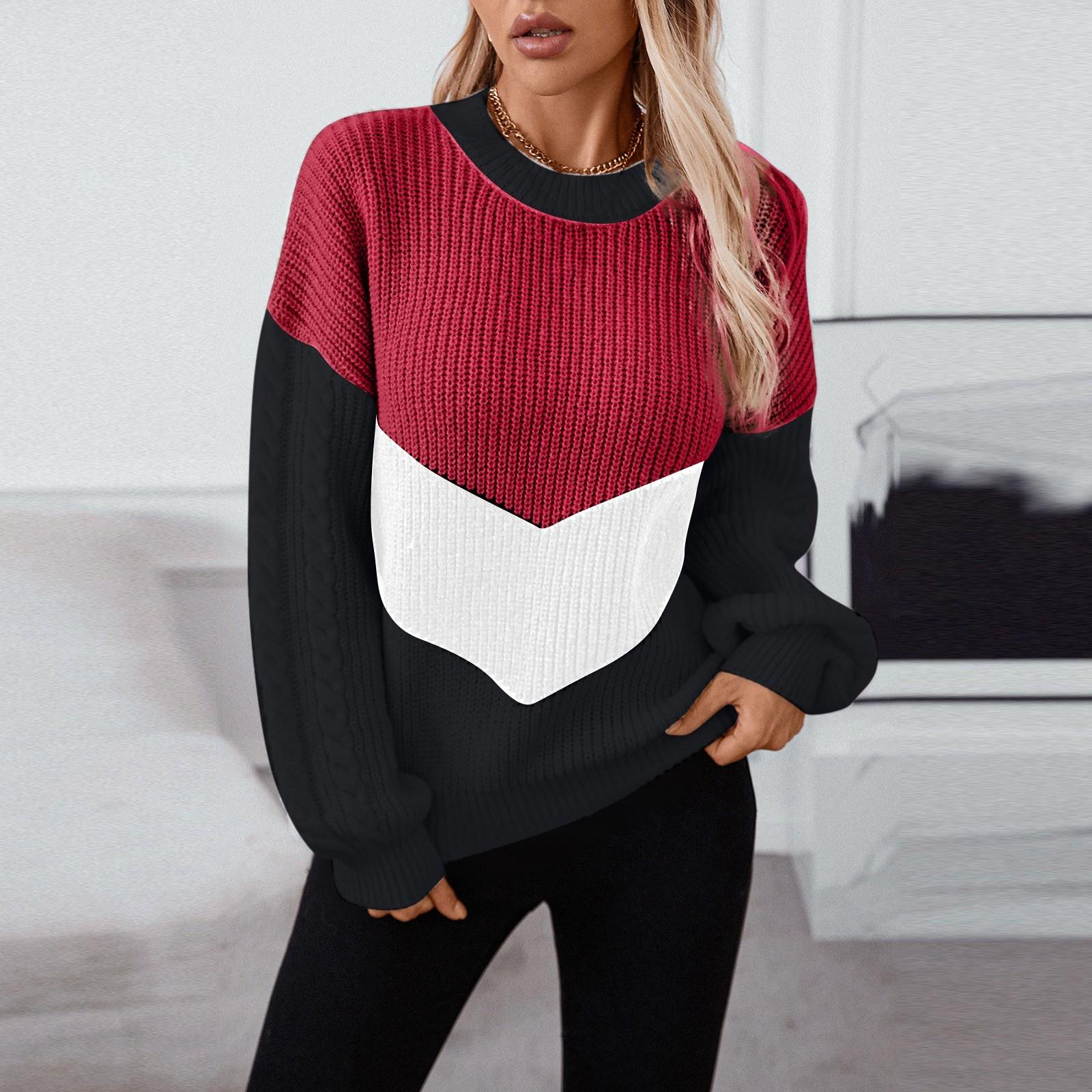 

Женский повседневный контрастный цветной круглый вырез свободный витой цветочный вязаный свитер топ XL винный