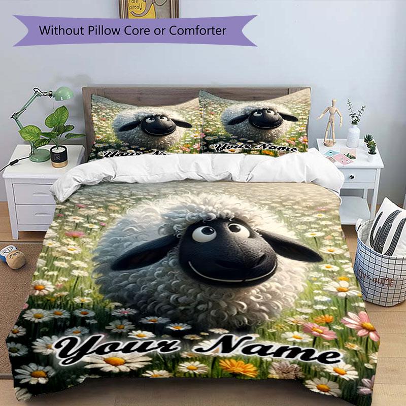 3PC Custom Name Sheep Flower Field Bedding Set Printed Bedding Set Duvet Cover Closure Includes 1 Duvet Cover & 252 Pillowcases for Bedroom