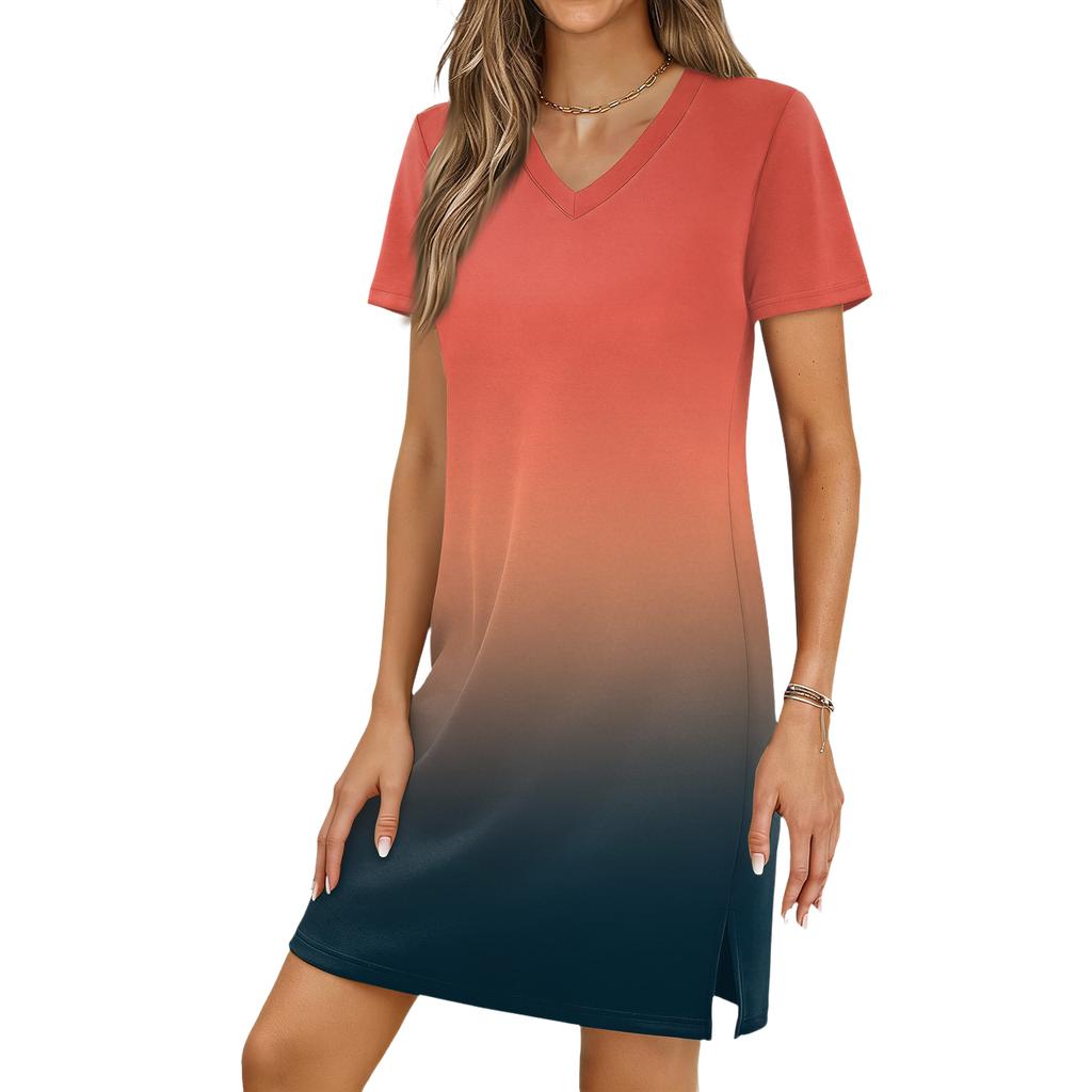Women's Casual V-neck Short Sleeve Split Hem Gradient Dress