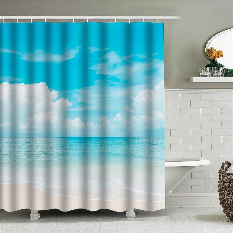 Strand Himmel Duschvorhang Blau Weiß Wasserdicht Druck Dekorativ Badezimmer Fenster Wasserdicht Badezimmer Dekorationen Innen Haus