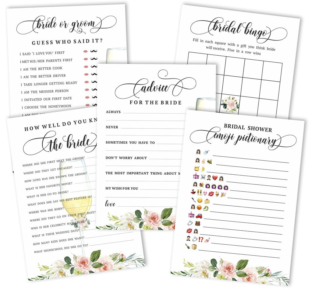 Inkdotpot Bachelorette Party Games Set Bundle of 5 (Activities for 50 Guests) Floral Brunch & Bubbly Theme Fun Bridal Shower Games Set