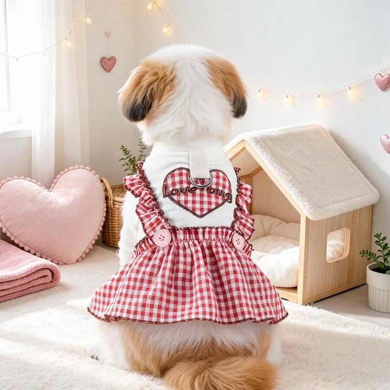 Pet Circle Plaid Outfit With Leash Clip Dogs Cats - Valentine Love Couple Style