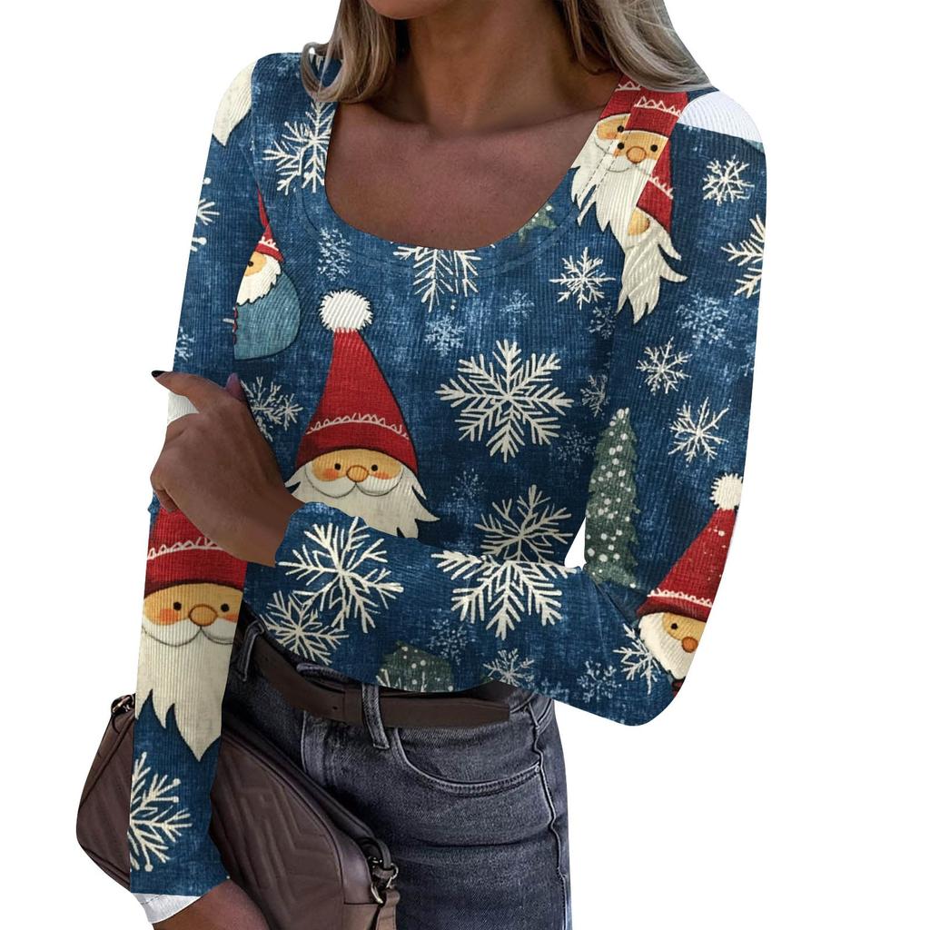 Damenmode Slim Bottom Casual Langarm Weihnachten bedruckt Pullover U-Ausschnitt Top
