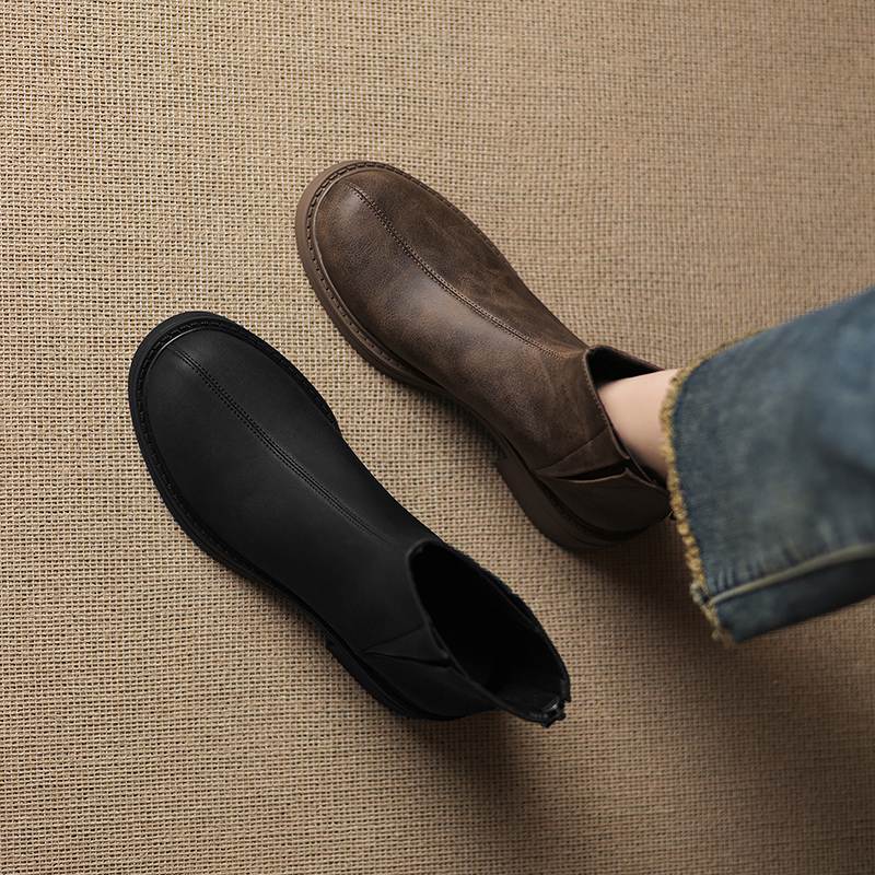 Krazing Pot Cow Skin Round Toe Thick Heels Motorcycle Boots Size 42 Back Zip Women Keep Warm Ankle Boots