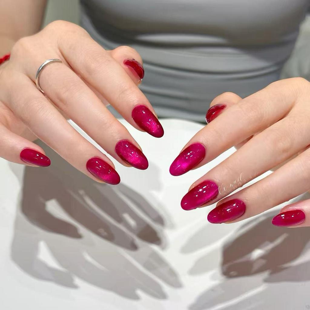 Pitaya Color Rose Red Shiny Cat Eye Manicure Almond Fake Nails