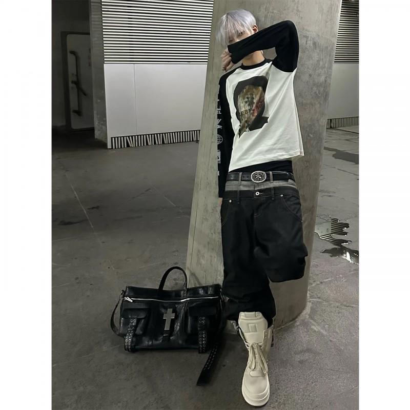 Pantalones Vaqueros Holgados de Corte Recto para Hombre con Dobladillo Deshilachado Tiro Medio Algodón Lavado Detalle de Remaches Sueltos Casual Streetwear