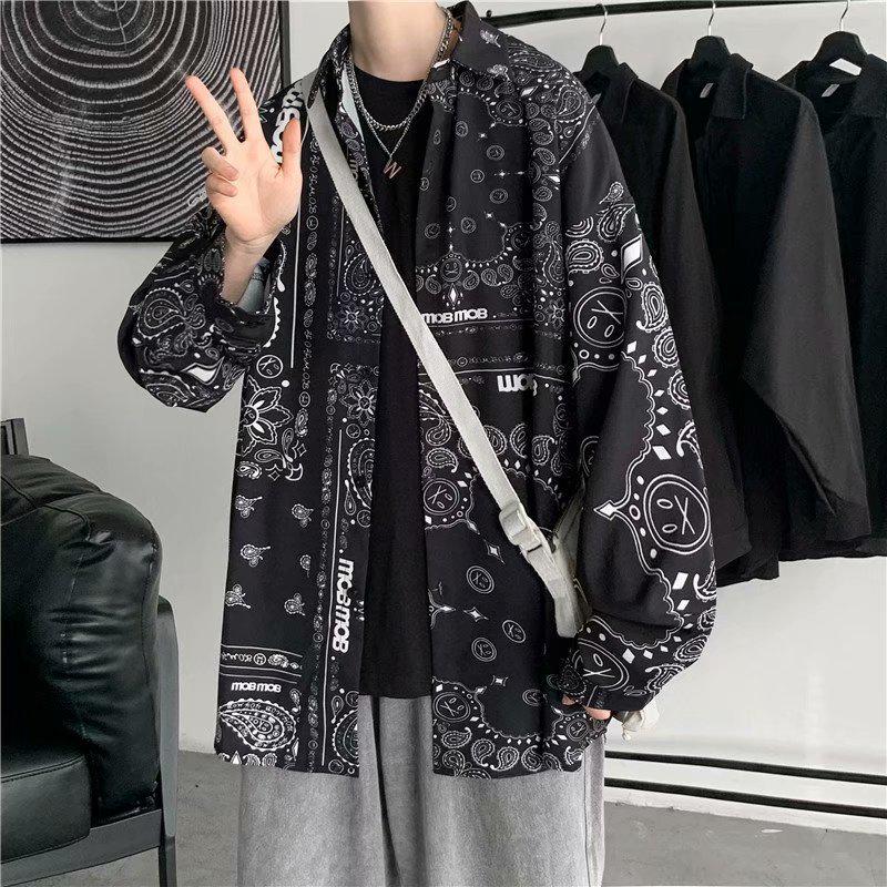 Men's Tie-Dye Long-Sleeve Floral Shirt - Trendy Hong Kong Style, Loose Fit, Casual Punk Fashion for Autumn