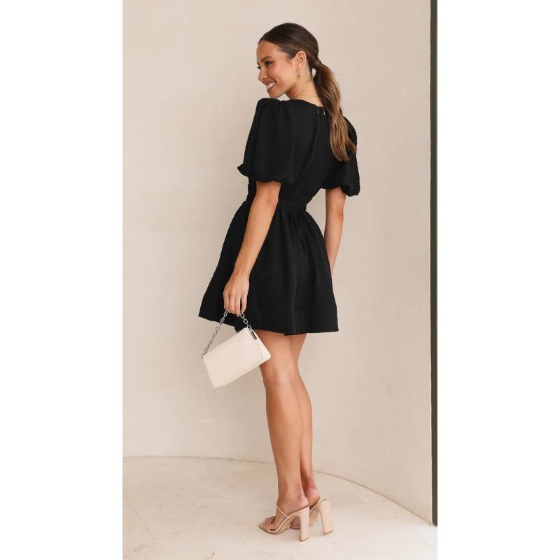 VEZFAA Kvinnemote Sommer Våren Ensfarget Print Kortermet V-hals Høy midje Uformelle kjoler