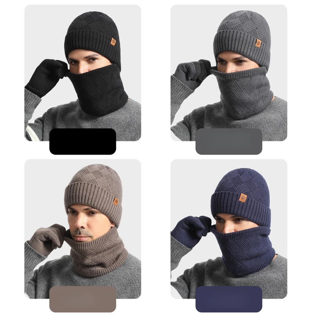 Men's, Knitted Hat, Cold Cap, Knitted Neck, Velvet Gloves, Thickened, Double Layer Neck, Gloves, Hat, Three Piece Set