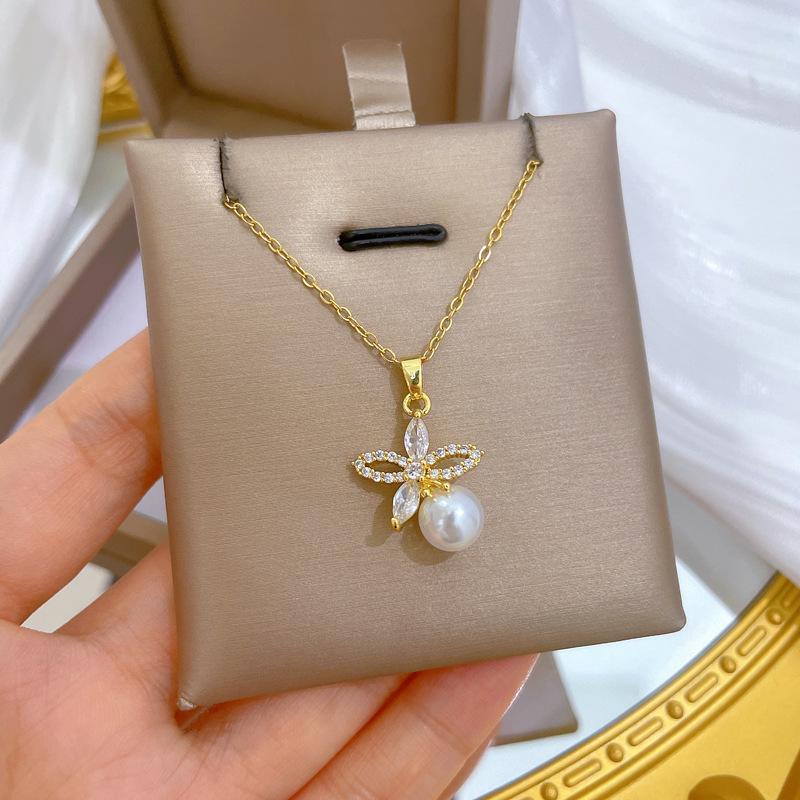 Micro-inlaid Stainless Steel Charm Flower Necklace Earrings Fashion Gorgeous Zircon Temperament Girl Accessories Set