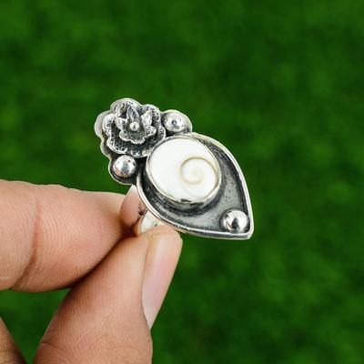 Bague réglable empilable Fleur en Argent 925 et Coquille Œil de Shiva Naturelle pour Femmes