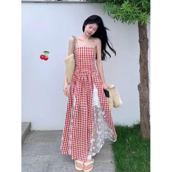 

[Original fabric] Sweet sister plaid lace splicing tube top, waist and thin suspender dress picture color tie-dye S