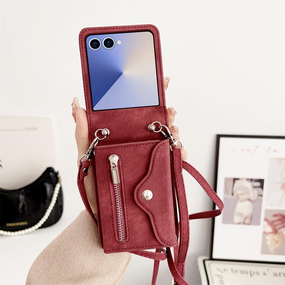 Leather Crossbody Zipper Wallet Phone Case for Samsung Galaxy Z Flip Card Holder Cover for Models 7 6 5 4 3 Flip7 FE Flip6 Flip5