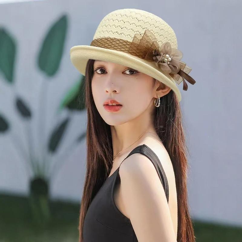 WTEMPO Women's Knitted Hollow Out Sun Hat Elegant Flower Decor Straw Bucket Hat, Breathable Casual Cap with Pearl Detail
