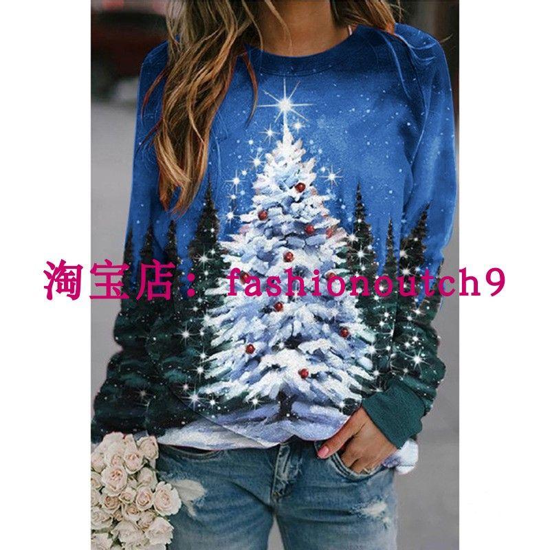 

Women Big Size 5XL 4XL 3XL 2XL T Shirt Christmas Tree Print Long Sleeves round Neck T-shirt Blue 2XL