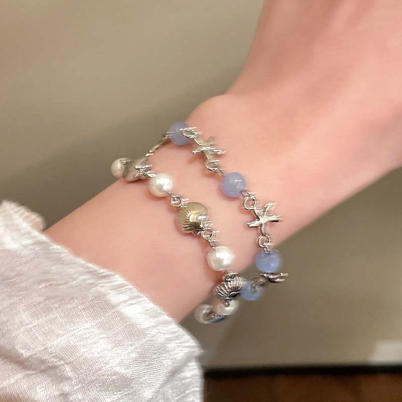 2Pcs/Set Fashion Blue Crystal Star Shell Bracelet For Women Girls Elegant Handmade Bead Chain Bracelets Best Friend Jewelry Gift