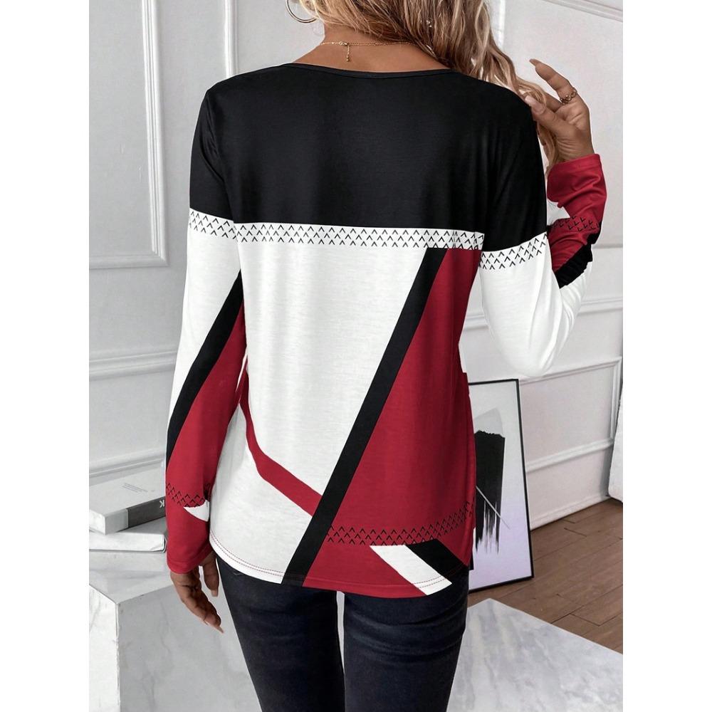 GMXIA Women's Pullover Round Neck Color Contrast Patchwork Geometric Print Top T-shirt