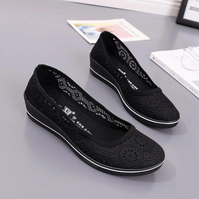 Fashion Comemore White Lace Hollow Breathable Shoes Flat Mid Wedge Heel Women's Summer Slip On Shoes Size 34-41 Black Sneakers Women