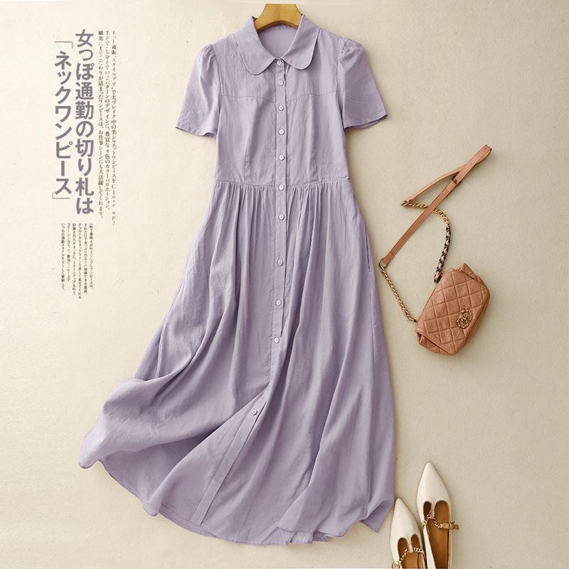 

Реальное фото летнее новое хлопково-льняное литературное свободное повседневное большого размера платье с кукольным воротником женская одежда 2XL фиолетовый