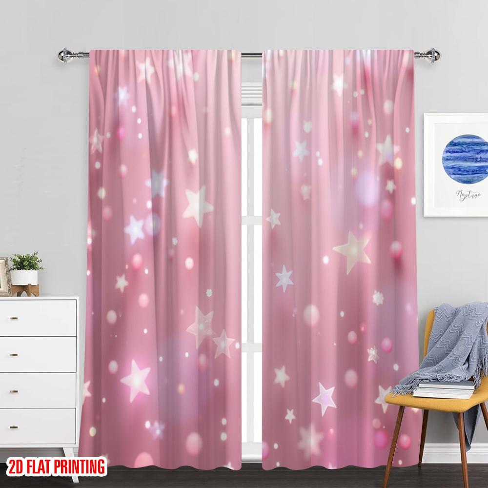 2D flat printing 2pcs Curtain Pink Starry Sky Versatile Polyester Fabric,Without Electricity Versatile Perfect for room decor