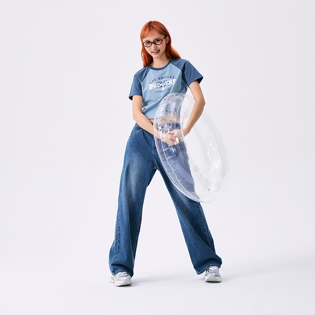 New MLB Preppy Style Collection Los Angeles Dodgers SS25 Raglan Sleeve T Shirt Women's Light Denim 3FTSV0853-07INL