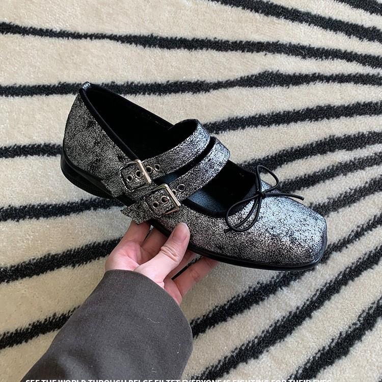 Cowhide Version of Spring and Autumn Bow Square Head One-word Buckle Mary Jane Shoes Women's Small Leather Shoes Flat Single Shoes Shallow Jk Shoes