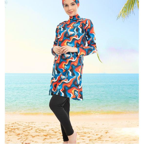 Blue Set Muslim Women Decent Branches Floral Print Seaside Swimwear Full Coverage Swimsuit Beachwear Burkini Swimsuit Set (Without Hijab)