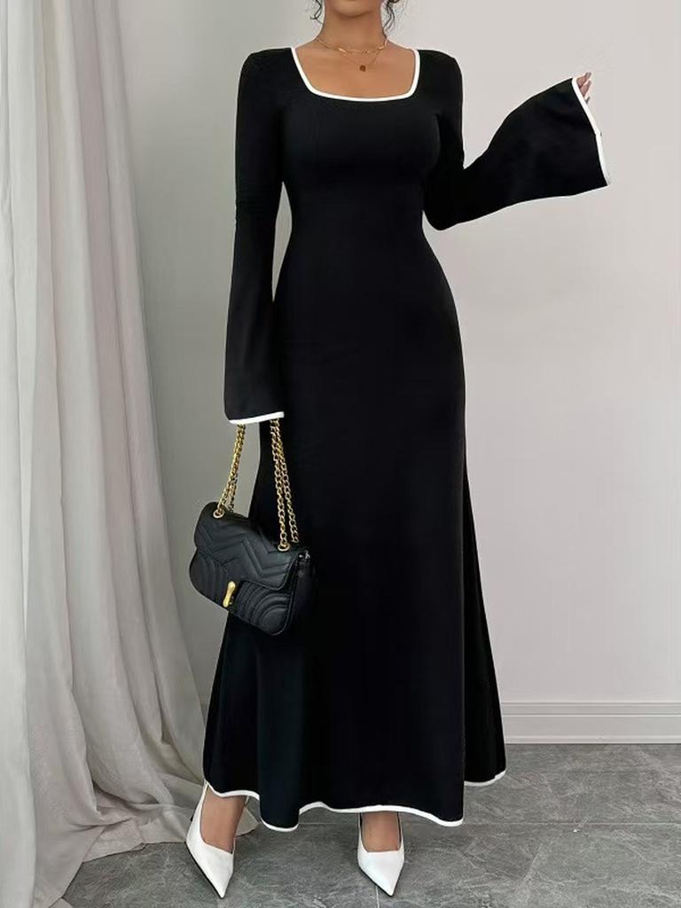 Robe Tricotée Élégante à Manches Longues Color Block Mode Femme