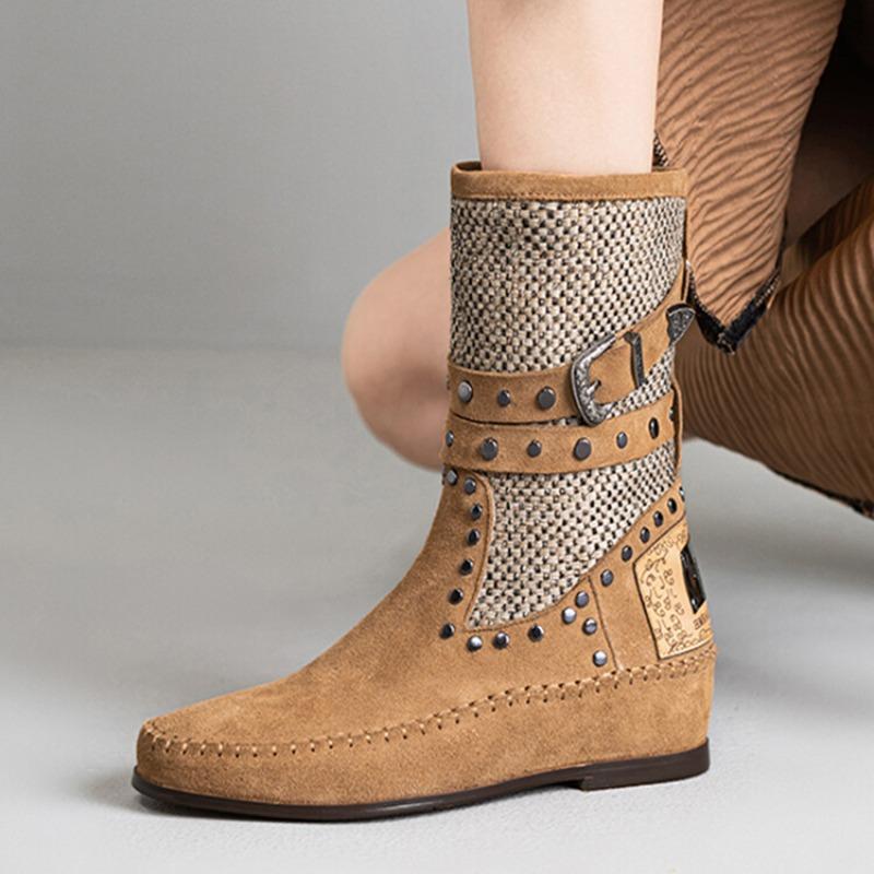 Fashion Cow Suede Rivet Belt Buckle Round Head Low Heeled Short Boots Fashionable Winter Tassel Short Plush Women's Ankle Boots Size 43