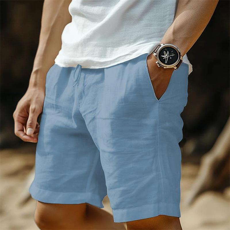 Cotton and Linen Shorts with Drawstring Elastic Waistband Straight Legs Solid Color Breathable Daily Beach Five Point Casual Men’s Shorts