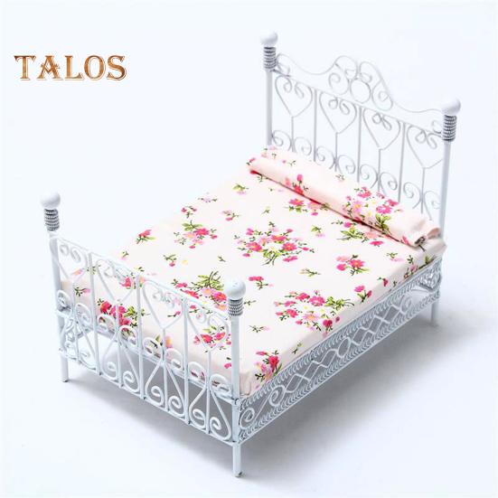 TALOS Dollhouse Bed European Style Accessories Metal Mini Double Bed Props Supplies for Room Scene