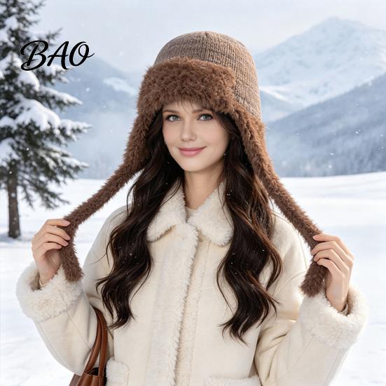 Travel Essential Headgear Women Trapper Hat, Wool Blend Knitted Hat with Ear Flaps, Fuzzy Cold Weather Headwear Trim, Warm Winter Knit for Hiking
