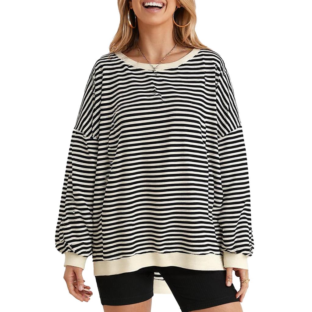 Women's Fashionable Casual Long Sleeved Loose Striped Top