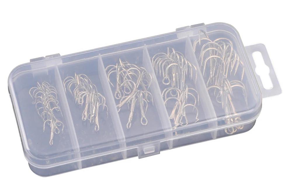 50 Stück Angel-Drillinge Hochkohlenstoffstahl Super Scharf Widerhaken Dreifach-Fischhaken Box Rundbogen für Salzwasser Brandungsangel-Ausrüstung260319