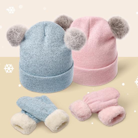 Kids Winter Hats Gloves Scarfs Set for Girls Boys Thickened Fleece Lined Knit Pompom Hat Mittens Neck Warmer Gaiter Set for 3-6 Years Toddlers