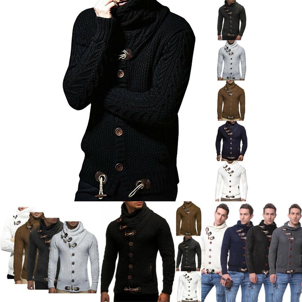 Elegant Men Long Sleeve Knitted Sweater With Horn Buttons And Turtleneck Coat Cardigan