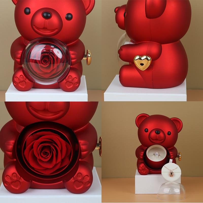 High-Quality Rotating Bear Jewelry Box with Everlasting Flowers - Perfect Valentine's Day Gift