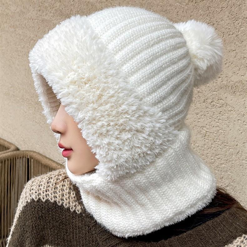 2-in-1 Women Winter Knitted Balaclava Hat Scarf Plush Fleece Lined Neck Warmer Windproof Outdoor Skiing Cycling Hooded Beanie