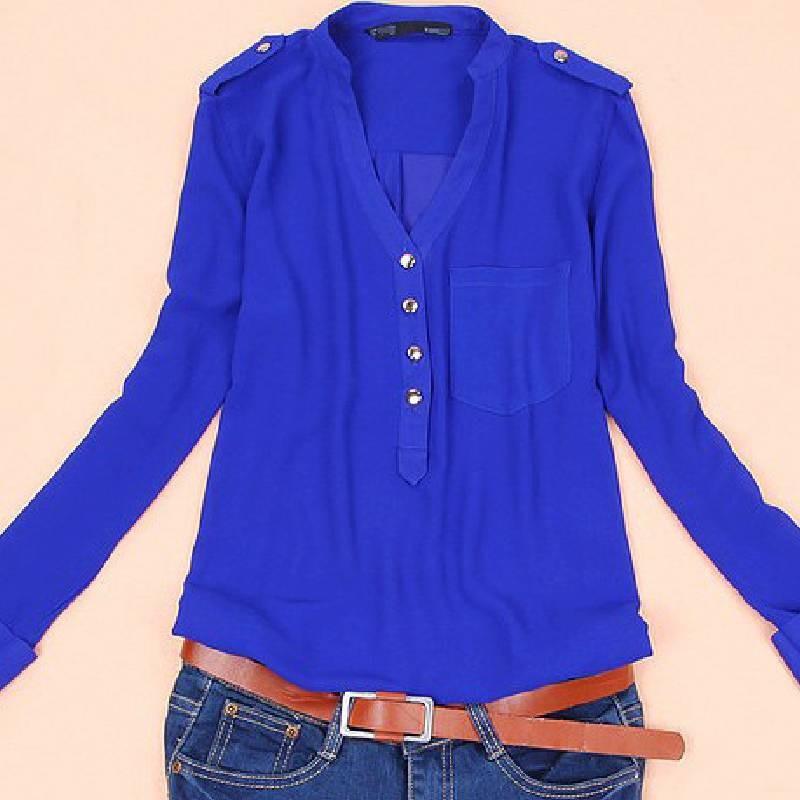 V Neck Chiffon Blouse With Large Pockets Loose Fit Long Sleeve Shirt For Women