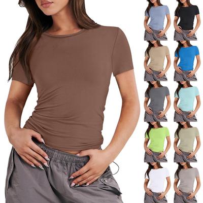 Camisetas de Mujer Manga Corta Sexy Ajustado Top Lindo Moldeador Ajustado Color Sólido Crop-Top Camiseta Elegante Cuello Redondo Transpirable