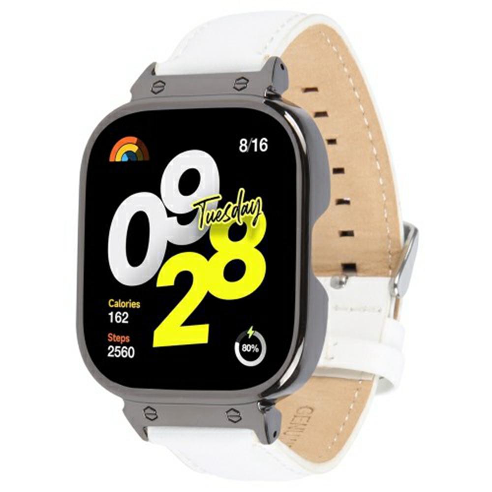 

For Xiaomi Redmi Watch 4 Genuine Cow Leather Replacement Strap with Black Metal Watch Case A