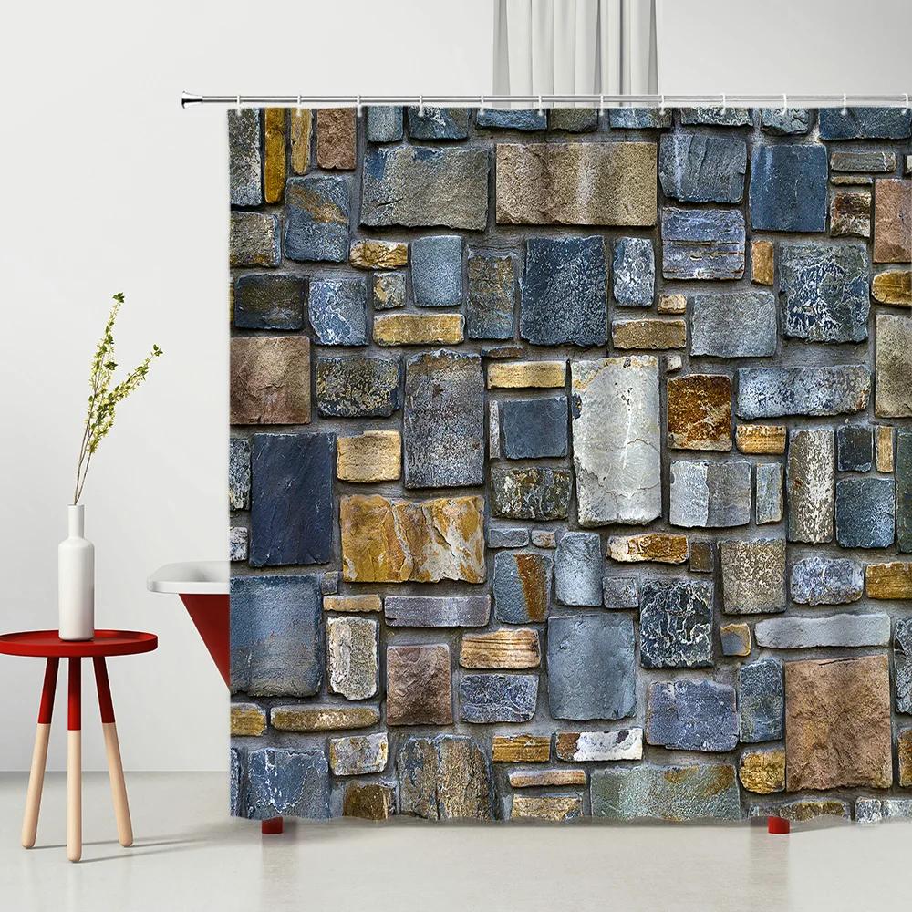 

3D Printing Brick Pattern Shower Curtains Set Vintage Stone Brick Wall Polyester Fabric Hanging Curtain Bathroom Curtain Hooks W60H190(CM)-1 Pcs