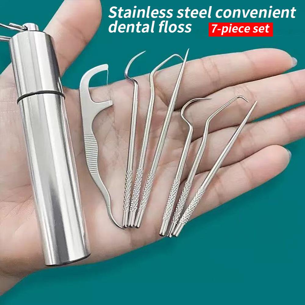 

7 шт. Многоразовые флоссеры из нержавеющей стали 304, Портативный набор для ухода за полостью рта - Прочные инструменты для чистки зубов для ежедневного использования и в путешествиях