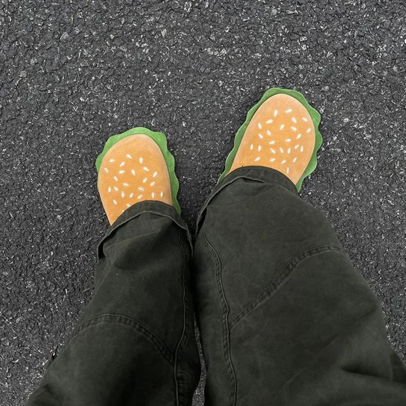 Žluté pantofle ve tvaru hamburgeru pro dospělé Kovová přezka na opasku Měkké ploché svrchní obuv Silná podrážka Ležérní plážové sandály Boty pro ženy