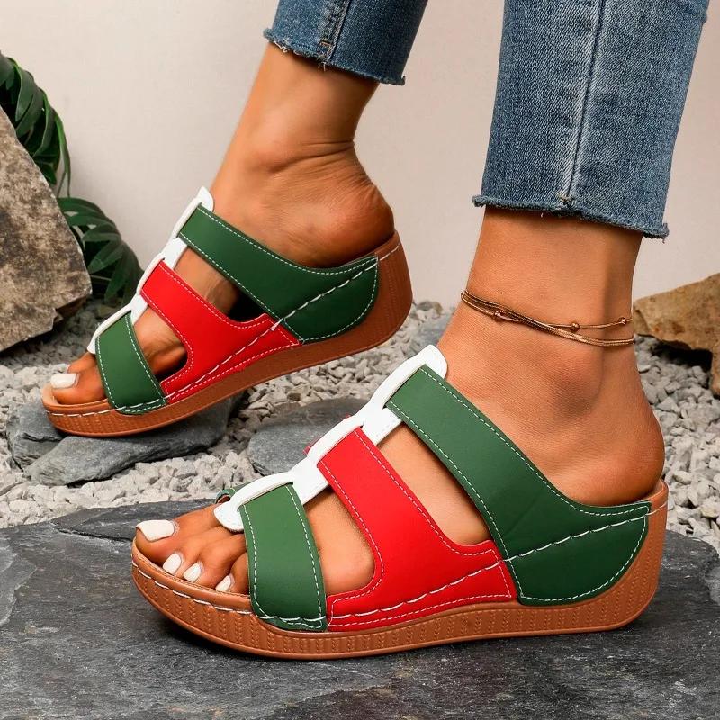 Fashion 2025 Summer Women's Wedge Sandals Premium Orthopedic Open Toe Slippers Vintage Anti-Slip Pu Leather Casual Female Platform Shoes