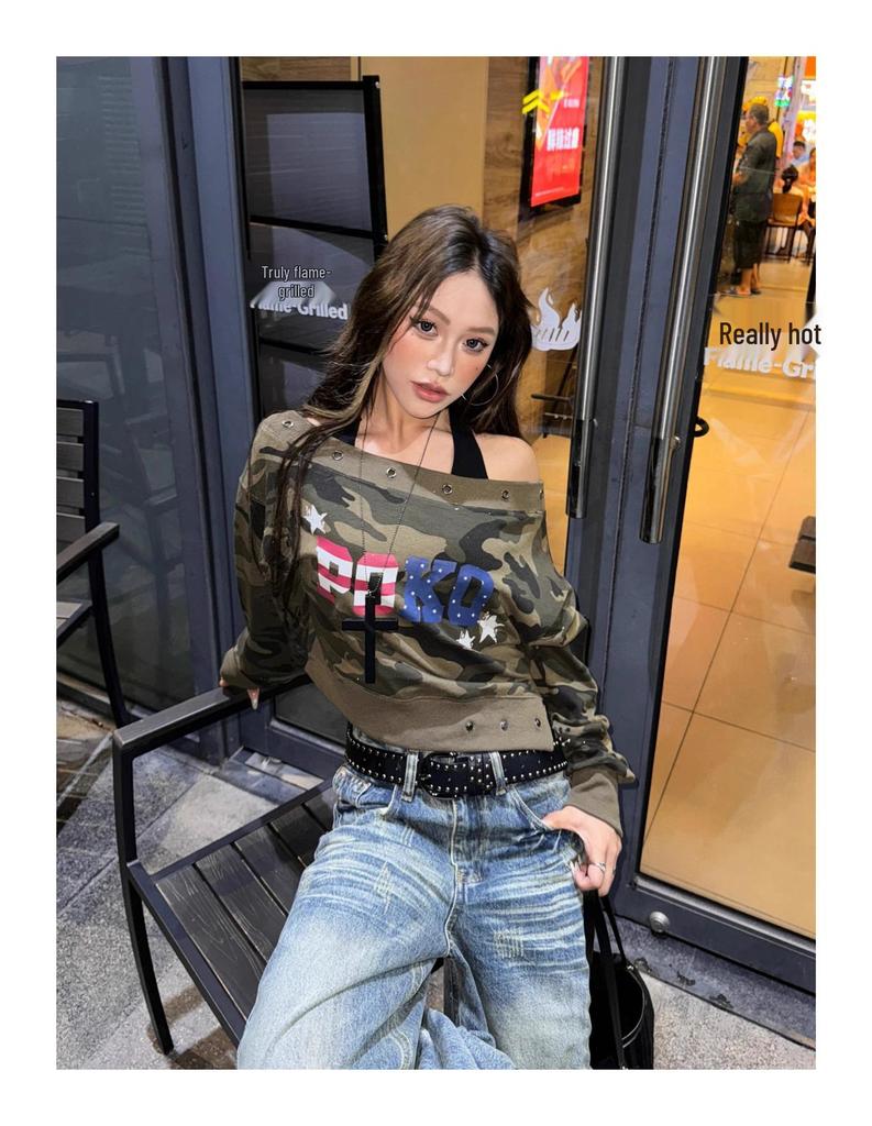 Women's Retro Distressed Hip Hop Jeans with Pleated Lightning Pattern - Loose, Slimming, and Versatile Wide-Leg Pants