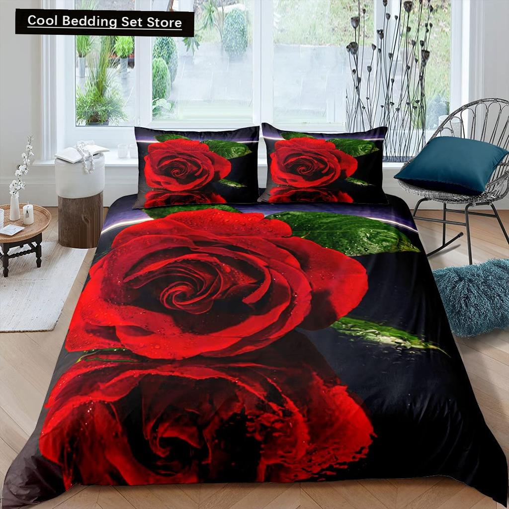 Valentine'S Day Rose King Queen Duvet Cover Red White Floral Bedding Set Romantic Flowers Quilt Cover Polyester Comforter Cover