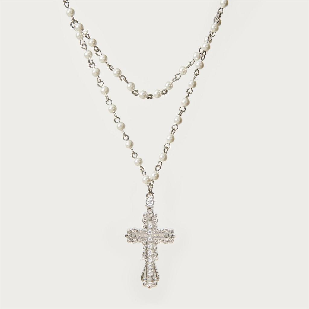 Cross Necklace Set For Women With Pearl Chain And Gemstone Pendant For Style Jewelry