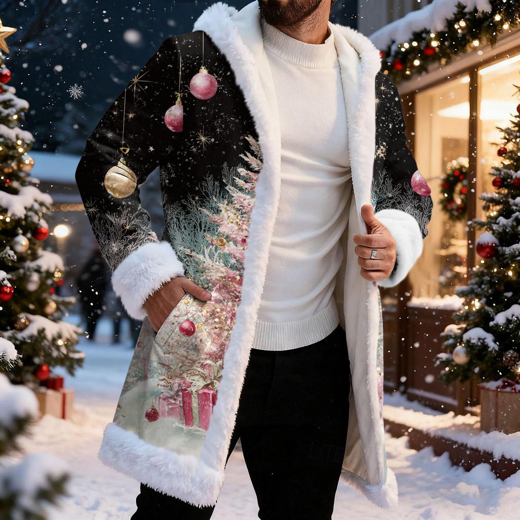 Men's Christmas Long Hooded Cardigan With Pockets Warm Jacket